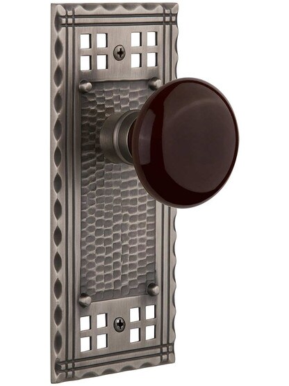 Pasadena Door Set with Brown Porcelain Knobs in Antique Pewter.